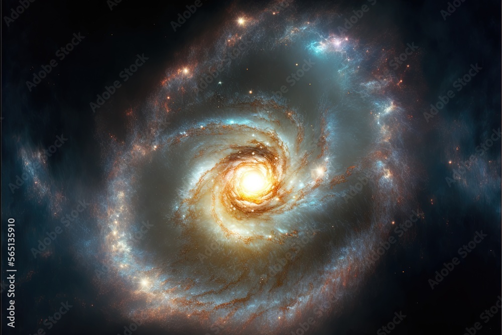  a spiral galaxy with a bright center surrounded by stars and dusts in the background, with a black background and a blue sky with white outline.  generative ai