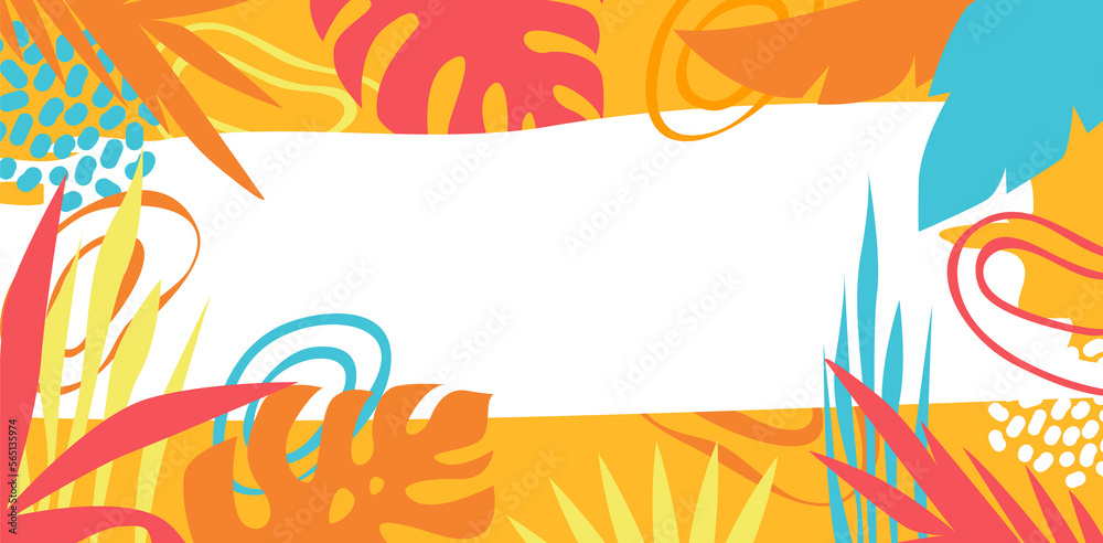 Abstract summer season background banner with copy space label. Exotic jungle plants and decoration for seasonal concept.