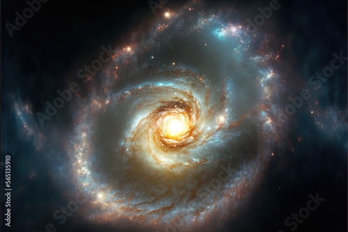  a spiral galaxy with a bright center surrounded by stars and dusts in the background, with a black background and a blue sky with white outline. generative ai