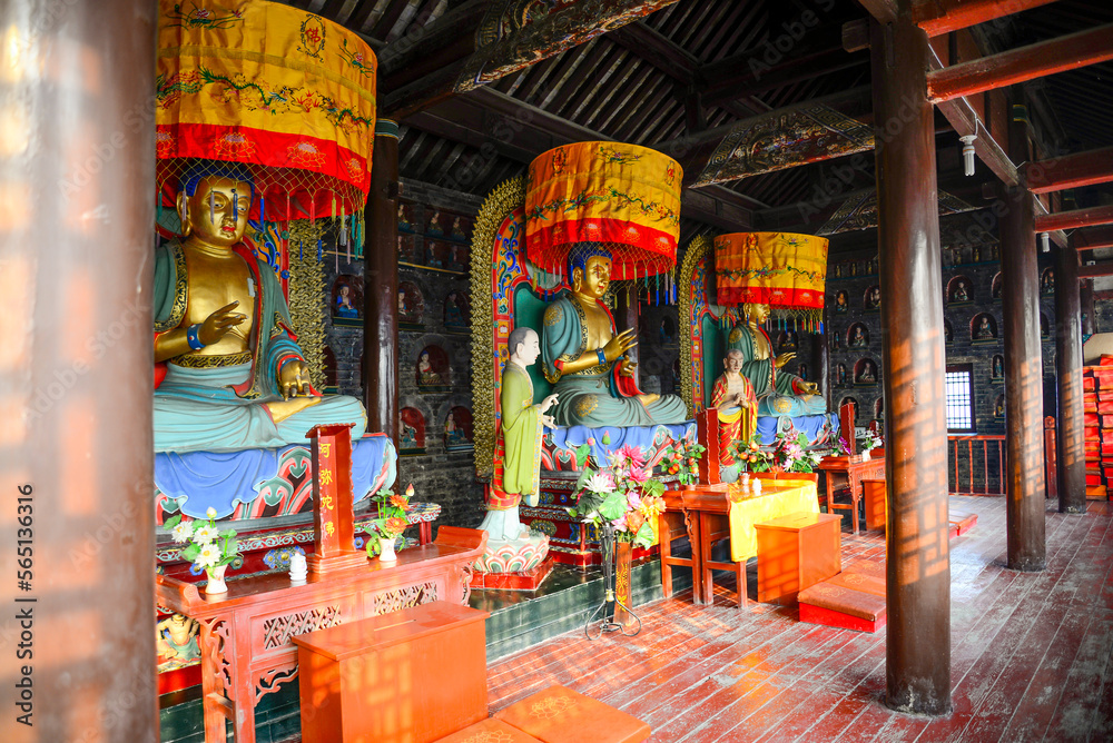 Colorful Interior of ancient Zhoucun District Chinese Temple - stock photo