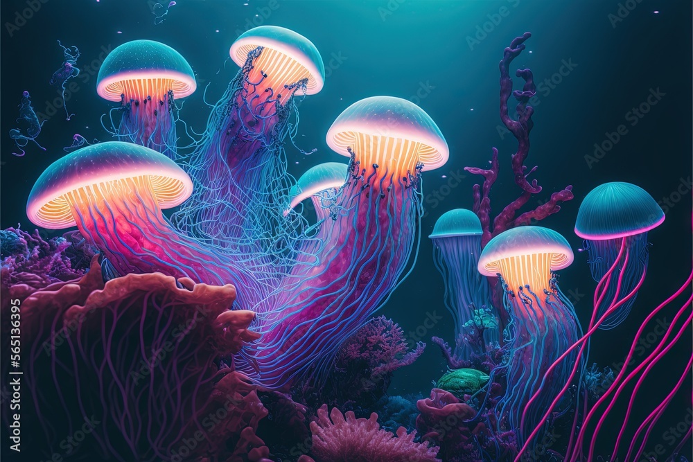  a group of jellyfish swimming in a blue sea with pink and purple lights on them and a coral reef in the background with a starfish.  generative ai - obrazy, fototapety, plakaty 