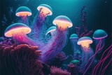  a group of jellyfish swimming in a blue sea with pink and purple lights on them and a coral reef in the background with a starfish.  generative ai