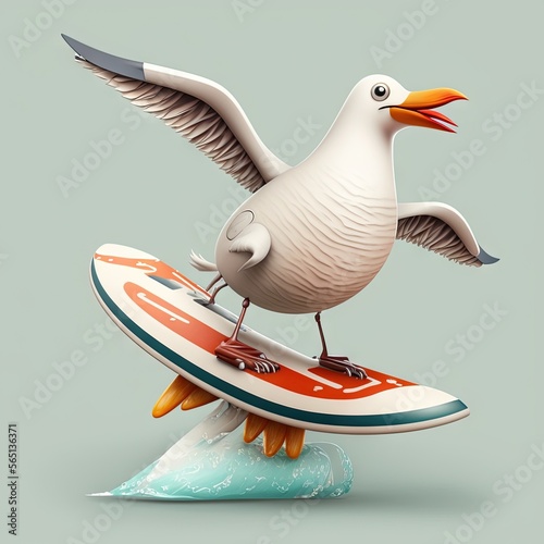  a bird is sitting on a surfboard on a waveboard with its wings spread out and it is standing on the surfboard with its legs spread out and wings spread out, and.  generative ai photo