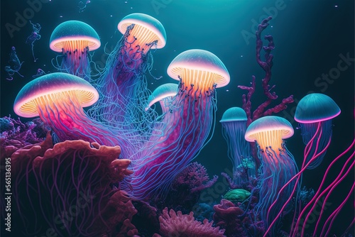 Photographie a group of jellyfish swimming in a blue sea with pink and purple lights on them and a coral reef in the background with a starfish