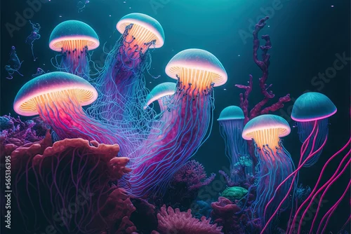 Obraz  a group of jellyfish swimming in a blue sea with pink and purple lights on them and a coral reef in the background with a starfish.  generative ai