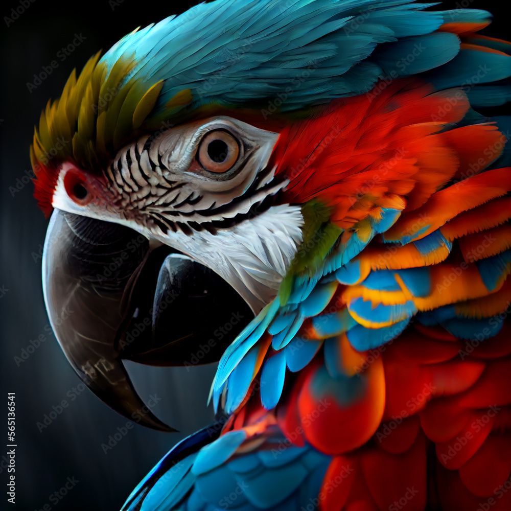 Fototapeta premium blue and orange macaw close up illustration.generative ai technology 