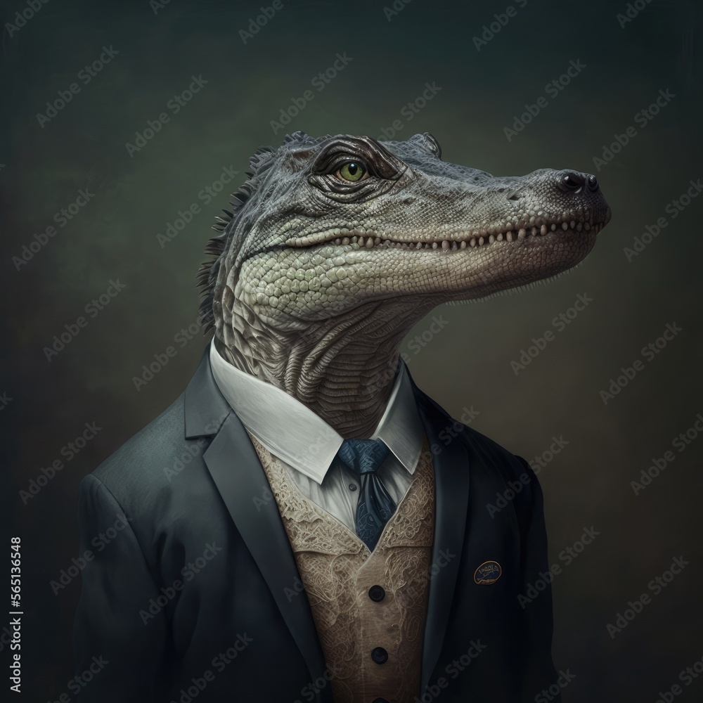 Portrait of a Gator dressed in a formal business suit, generative ai