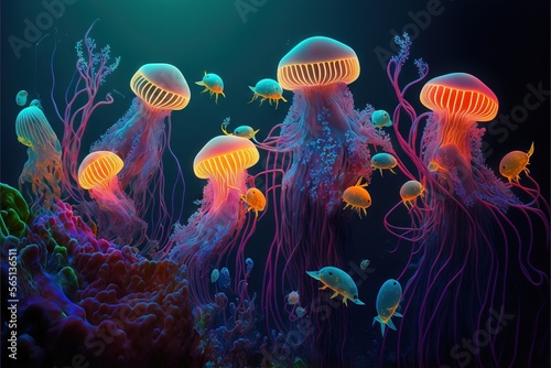  a group of jellyfish swimming in a sea of water with jellyfish all around them and a blue background with a green light above. generative ai