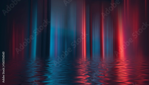 Futuristic neon empty podium stage, light reflection in water, blue and red neon, bright rays and lines, abstract background. 3D illustration