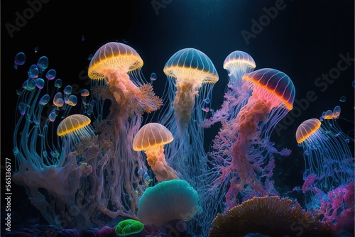  a group of jellyfish swimming in a dark sea aquarium with a black background and a blue light above them, all of which are glowing. generative ai