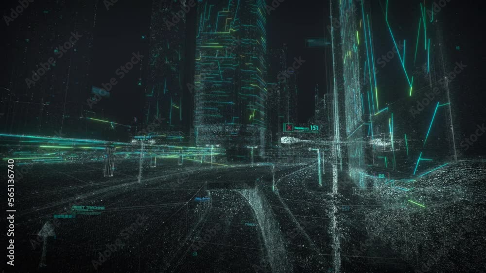 Digital model of a city street by laser scanning. 3D point cloud from lidar. Machine learning system concept