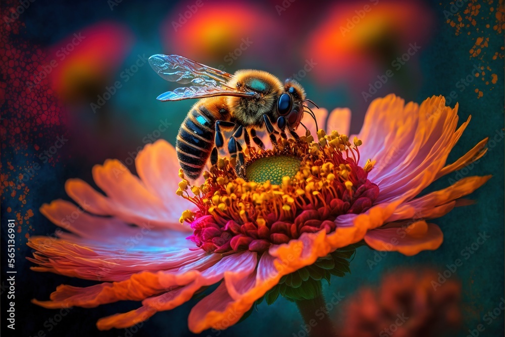 a bee sitting on a flower with a blurry background behind it and a ...