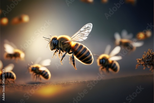  a group of bees flying in the air with their wings spread out and their bodies spread out in the air, with a bright light shining behind them. generative ai