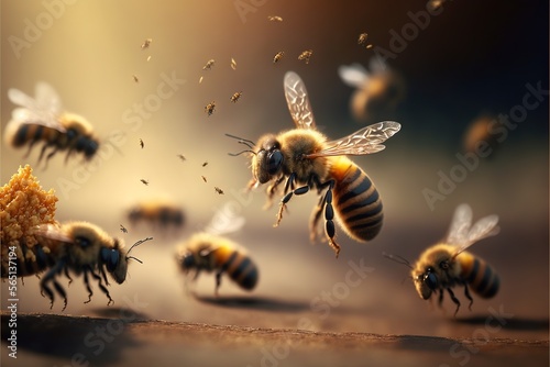  a group of bees flying around a bunch of bees on a table top with a blurry background of bees flying around the table top. generative ai