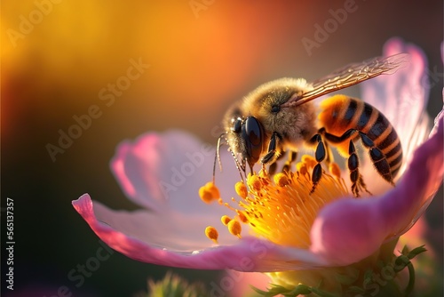  a bee is sitting on a flower with its wings open and it is looking at the camera lens and the bee is on the flower.  generative ai © Anna