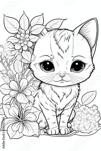 cute kitty cat. coloring book page for coloring book. doodling for kids and adults. created with Midjourney