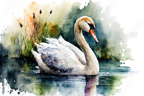Fototapeta Naklejka Na Ścianę i Meble -  portrait of a swan in aquarelle style, ai generated