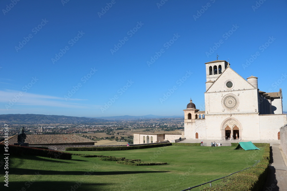 Green square in front of Basilica San Francesco in Assisi, Umbria Italy