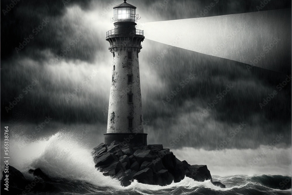  a lighthouse in the middle of a storm with a light beam above it and a boat in the water below it, with a dark sky and white clouds.  generative ai