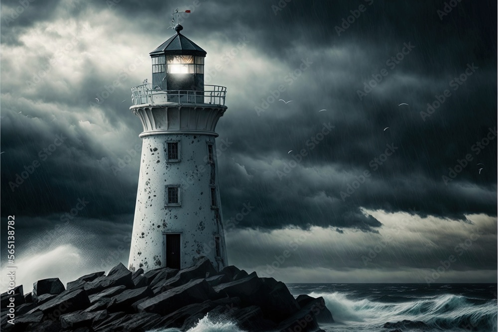  a lighthouse on a rocky shore with a stormy sky in the background and a light house on top of it in the middle of the ocean.  generative ai