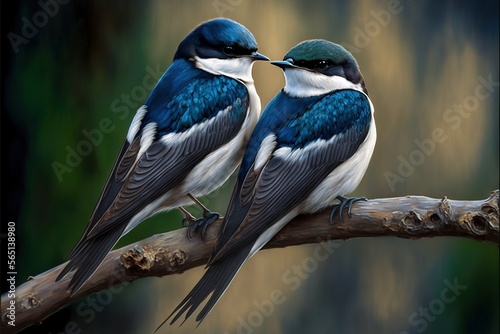  two birds sitting on a branch with a blurry background behind them, one is touching the other's beaks while the other is touching its beaks. generative ai