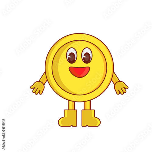 Cartoon happy yellow coin vector illustration isolated on a white background. Teaching financial literacy for kids, families. Saving budget explanation. Financial system explain.