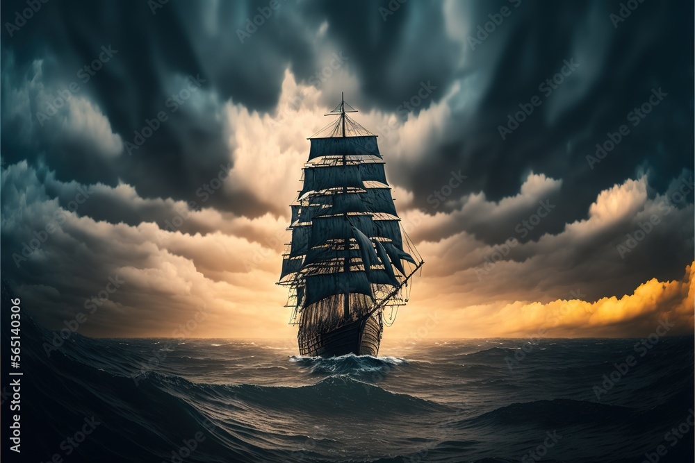 a ship sailing in the ocean under a cloudy sky with a sunbeam in the ...
