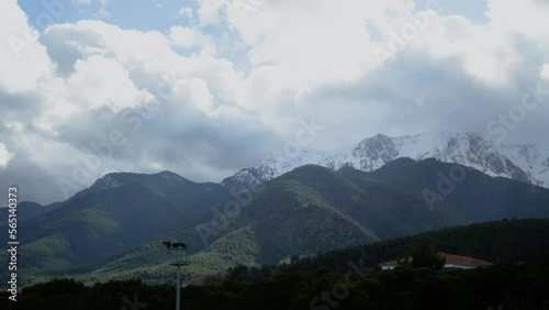 4k Blue sky white clouds and green mountains with snow time lapse 4k HD high quailty video. Time flies film cinematography for movies cut scene transition. Sky blue clouds white view concept idea photo