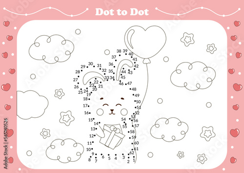 Cute dot to dot game for kids with valentine day theamed character - bunny with heart shaped balloon