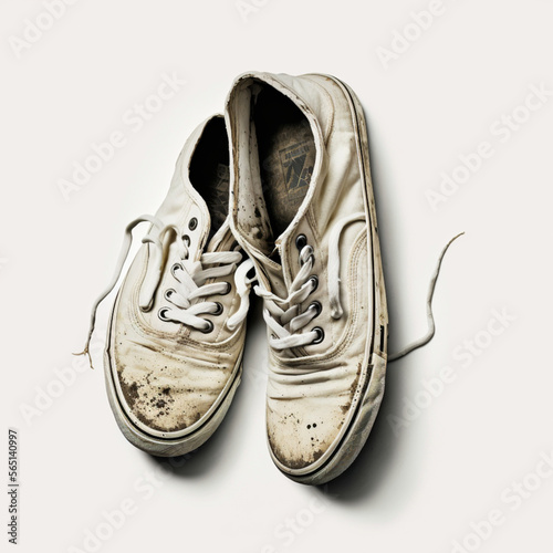 seen from above, a pair of worn and dirty white canvas sneakers, typical teenager shoes on a white background