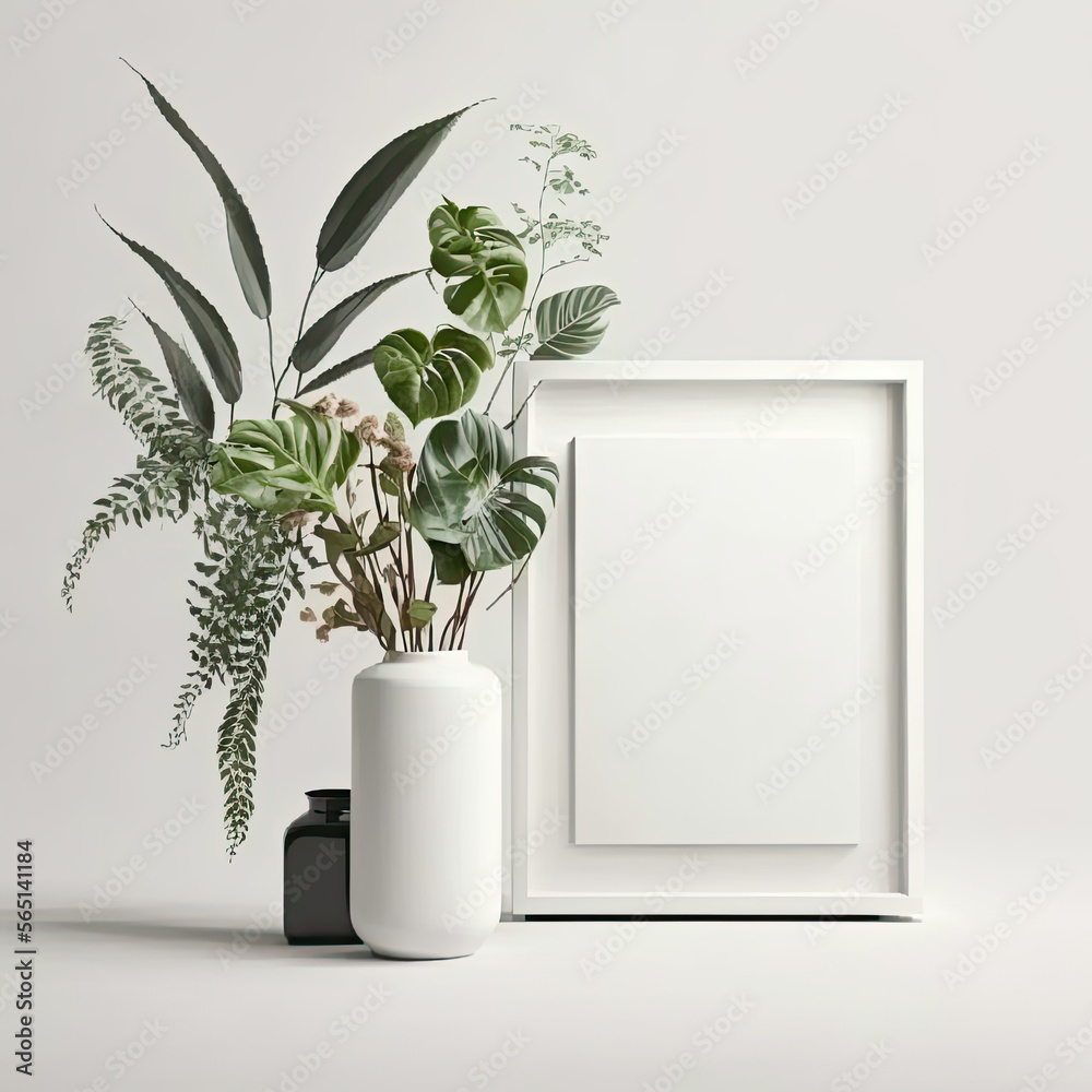 Minimalist Interior Vertical Frame Mockup with Plant in Vase on White Wall Background - Perfect for Displaying Artwork, Photos, and Posters Minimalist Interior Vertical Frame Mockup with Plant in Vase on White Wall Background - Perfect for Displaying Artwork, Photos, and Posters
