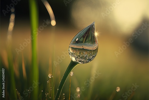  a drop of water on a green plant with grass in the background and a sunbeam in the background with a blurry sky in the background. generative ai