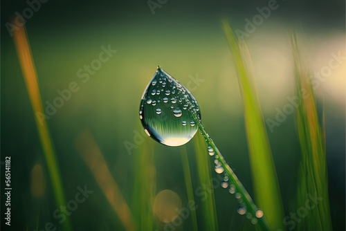  a drop of water on a blade of grass with dew drops on it's leaves and grass blades in the background, with a green background of grass and a.  generative ai photo