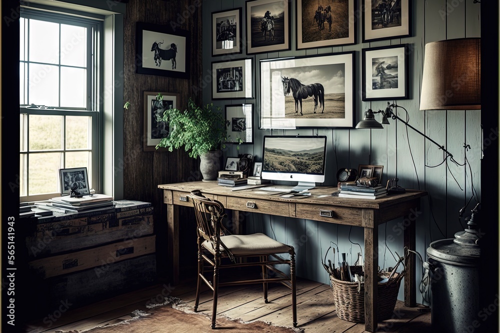 a desk with a computer and a chair in a room with pictures on the wall and a lamp on the floor next to it and a chair. generative ai a desk with a computer and a chair in a room with pictures on the wall and a lamp on the floor next to it and a chair. generative ai