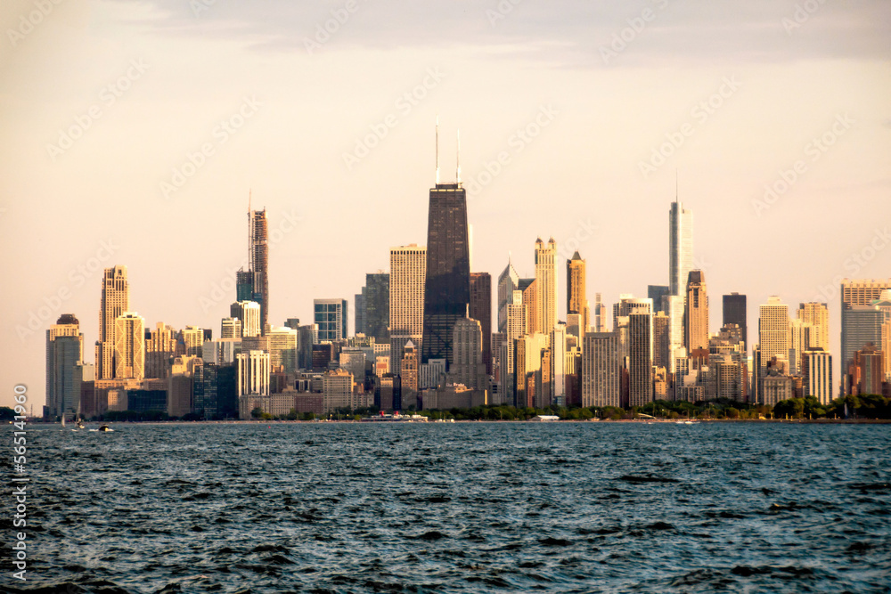 Chicago Lake Skyline at Sunset with Sky