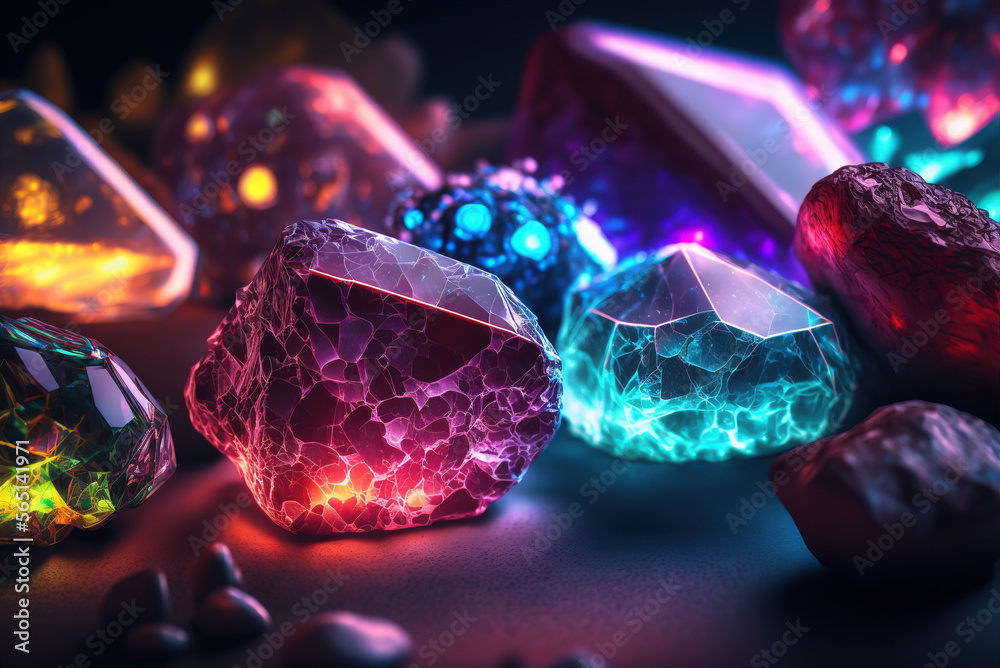 Massive neon glowing gemstones, Generative Ai Massive neon glowing gemstones, Generative Ai