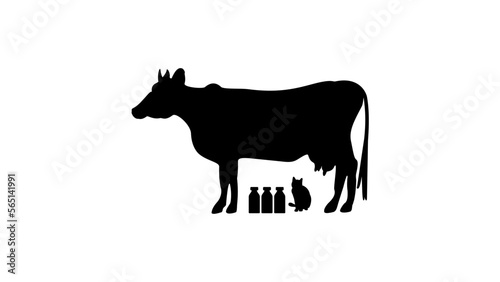 Silhouette of a cow  a cat looks at a cow  wants milk  milk bottles