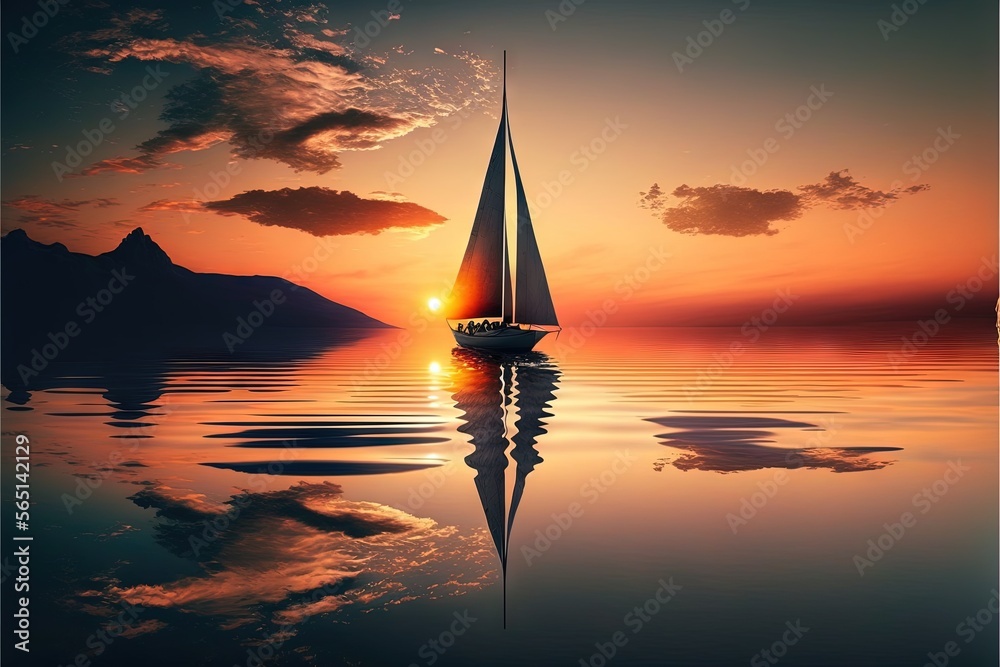 Fototapeta premium a sailboat is sailing in the water at sunset with a mountain in the background and a reflection of the sun in the water on the water. generative ai