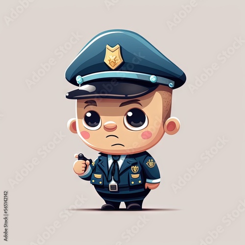  a cartoon character with a police uniform on and pointing at something in his hand, with a sad look on his face, standing in front of a gray background with a light gray background.  generative ai photo