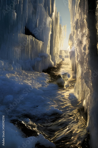 Landscape with frozen waterfalls and water. Frozen fantasy. Generative AI