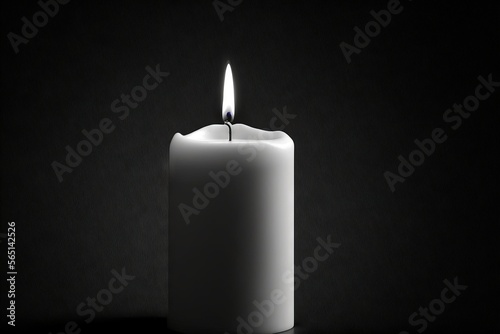  a white candle with a lit candle on a black background with a shadow of the candle on the floor and the candle lit up in the dark. generative ai
