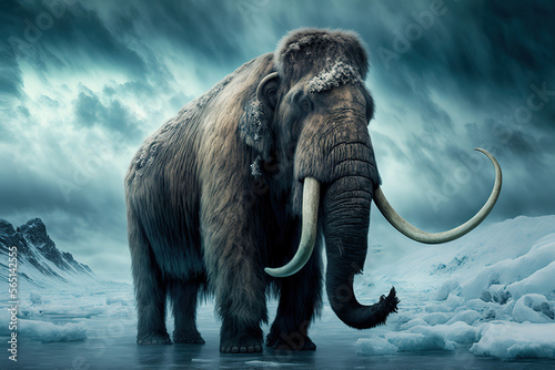 large wooly mammoth walking through an icy world, two tusks, art illustration 