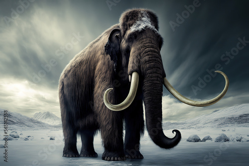 large wooly mammoth walking through an icy world, two tusks, art illustration 