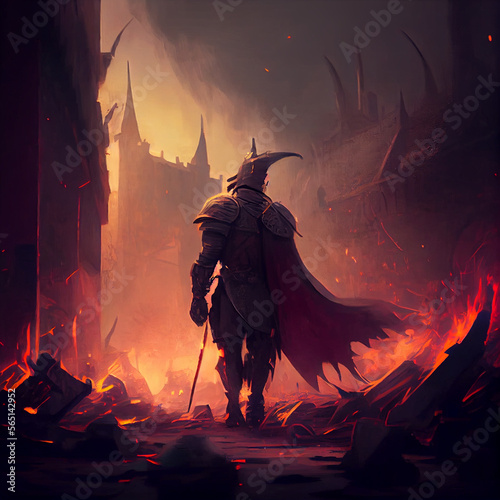 Evil knight in a horned helmet slowly walks with a curved sword through a burning ruined city with black Gothic buildings. Debris of ruins with flying ashes and sparks is everywhere 2d oil art © Valentyna