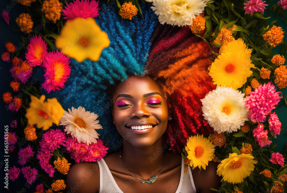 A happy beautiful black african american girl with colorful hair smile in multi colored flowers with copy space, generative AI A happy beautiful black african american girl with colorful hair smile in multi colored flowers with copy space, generative AI
