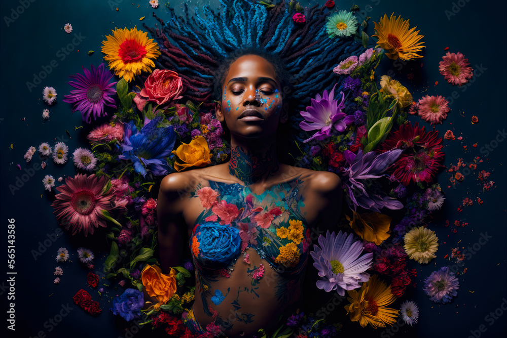 A beautiful black african american topless girl covered by body painting with blue hair in multi colored flowers with copy space, generative AI