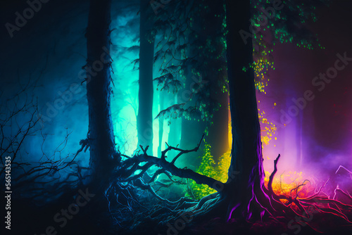Colorful neon forest illuminated fog in a strange spooky forest with silhouettes of trees. Generative AI technology.