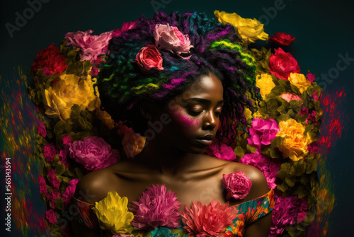 A beautiful black african american girl with colorful hair, head turned left in multi colored flowers with copy space, generative AI