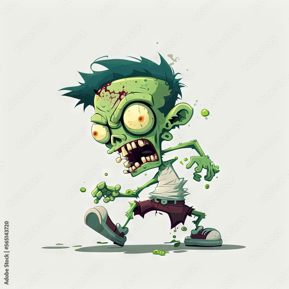 a cartoon zombie with green hair and green eyes running with a tennis