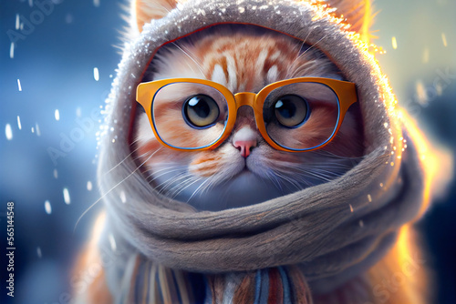 Cute cat in scarf and sunglasses. Education concept. AI generative. Knowledge and smart mind illustration